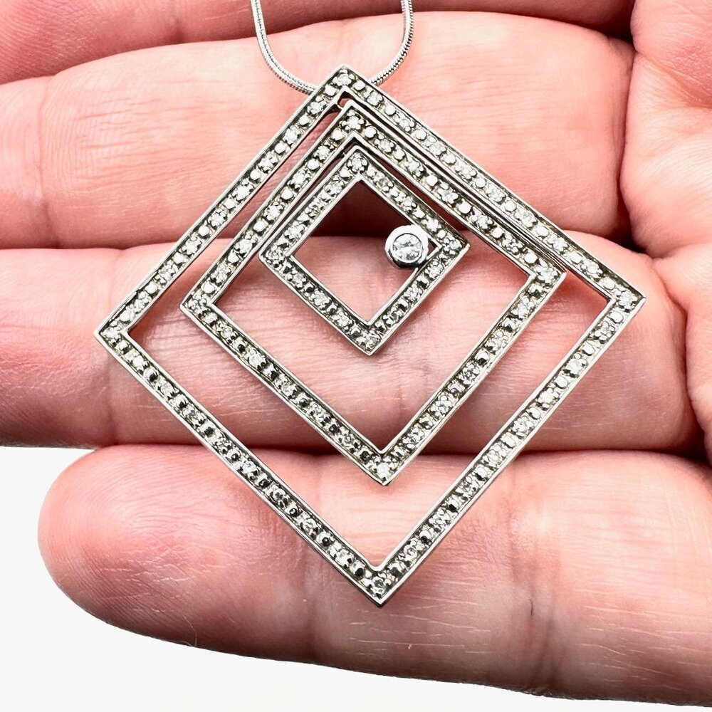 14K White Gold Womans Necklace Diamond Geometric Pendant Modern Stylish Luxury